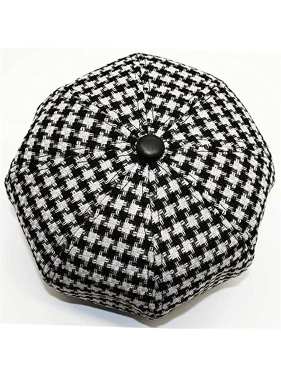 Black and White Houndstooth Baker Boy Hat Cap with Faux Leather Brim main image 6